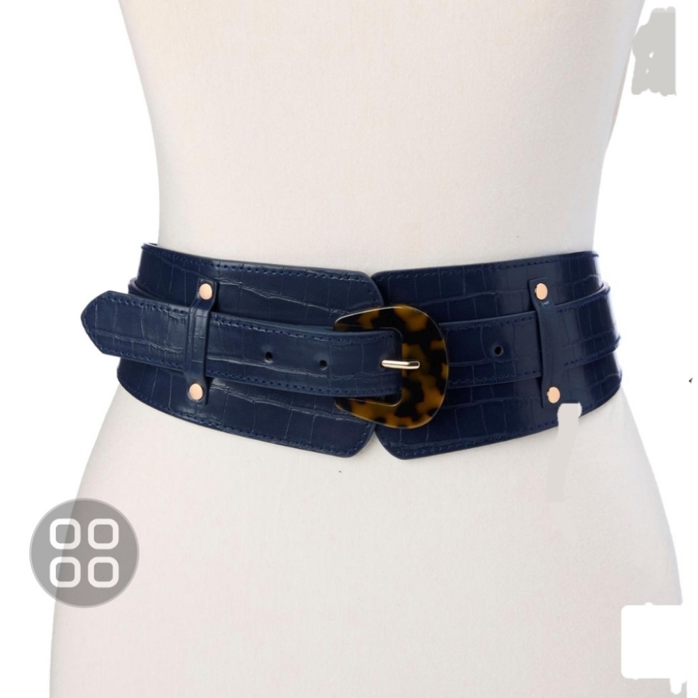 Antthony Denim Croc-Embossed Belt with Tortoise shell Buckle